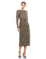 Mac Duggal Size 4 Black Gold 93590 Sequin Beaded Long Sleeve Cocktail Midi Dress