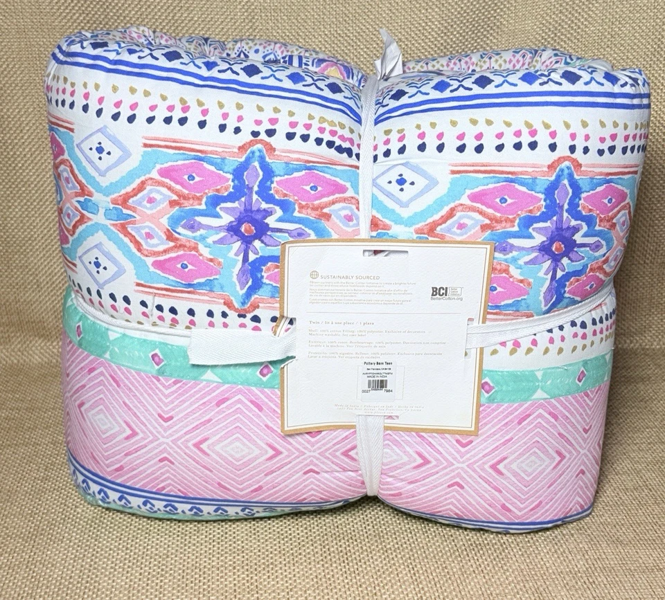 Juego de edredón geométrico Pottery Barn Avery rosa Ikat Boho acuarela Foto 4 de 4