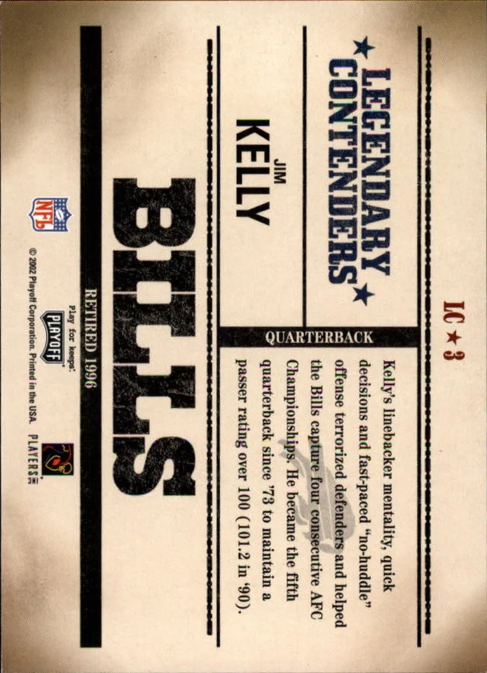 2002 Playoff Contenders Legendary Contenders #LC3 Jim Kelly - FB - Image 2 of 2