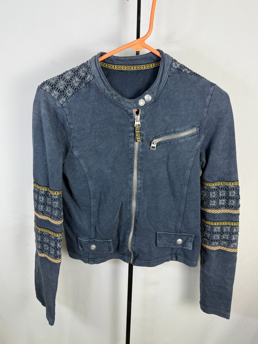 Tom Tailor Jacket Denim Blue Boho Trim Moto Style Zip Front
