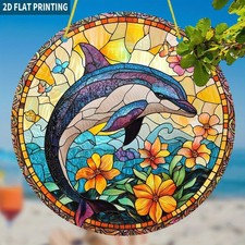 Dolphin Tropical Flowers Acrylic Suncatcher Coastal Boho Window Wall Decoration