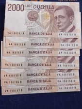 7 Banconote Consecutive 2000 Lire Italia Marconi 24.10.1990 Bellissime Ma NO FDS