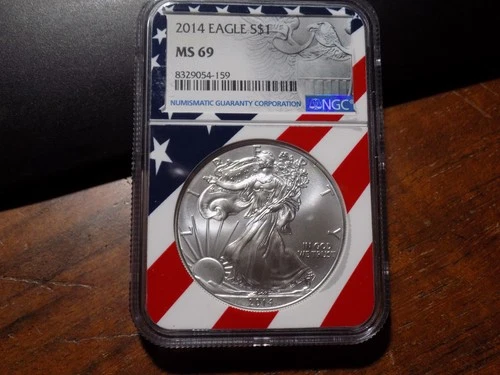 2014 American Silver Eagle - NGC MS69 - Red, White, Blue Flag Label