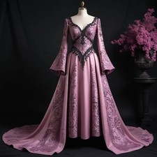 Vintage Pink Prom Dresses Long Sleeve Black Lace Applique Medieval Evening Gowns