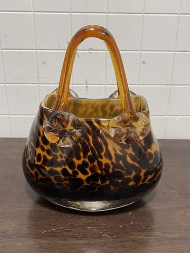 Vintage Murano Style Glass Cheetah Purse/Vase with Handle
