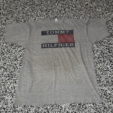 Vintage 90s Tommy Hilfiger Big Logo Flag Spell Out Grey T-Shirt Sz XL 61