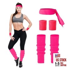 80s Accessories for Women Neon Leg Warmers Headband and Wristbands Set Pink