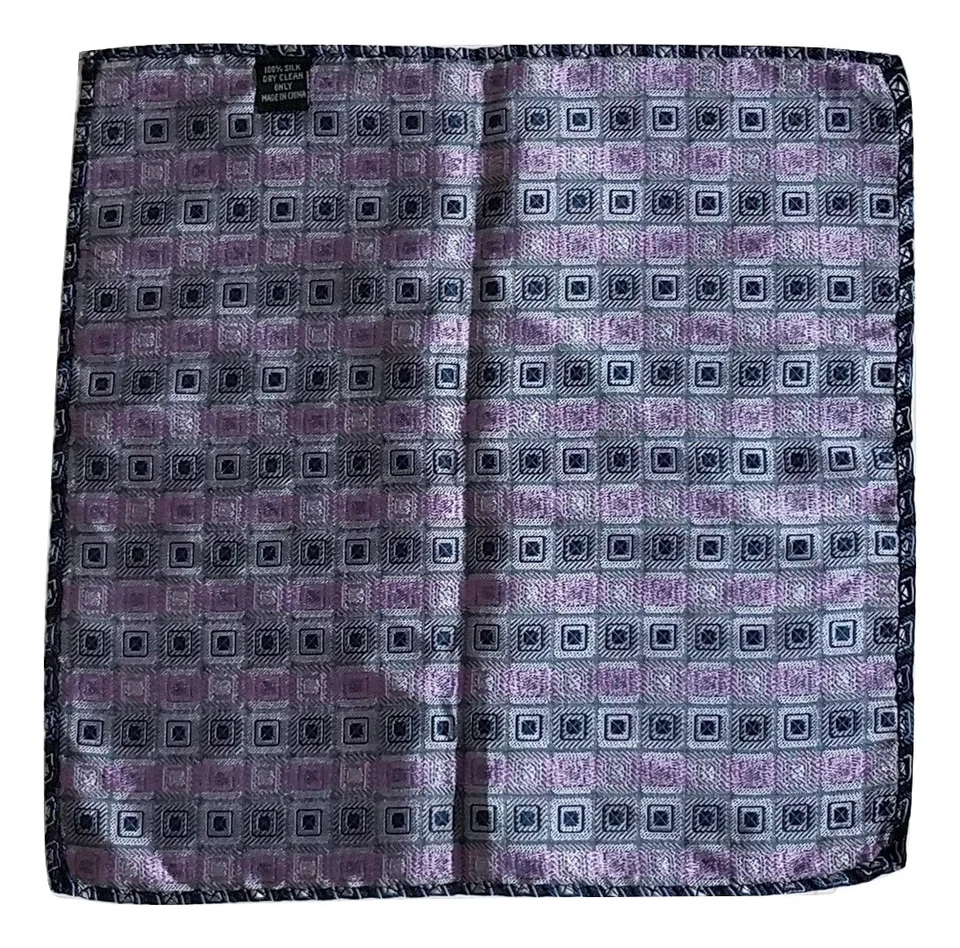 Men's Handmade Navy Blue & Pink Geometric Print 100% Silk 10" Pocket Square  - Image 3 of 3