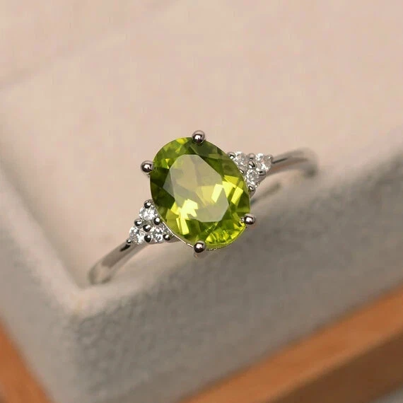 Oval Cut 2.19 Ct Natural Peridot Diamond Engagement Ring Solid 14K White Gold - Image 2 of 4