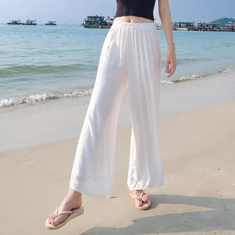 Women Wide Leg Pants Cotton Linen Beach Trousers Loose Lightweight