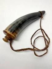 Antique Black Powder Carved HORN FLASK Muzzle Loader Wood End Brass Nails 10.5"