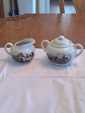 House Of Prill Vintage Porcelain Fox & The Hound Creamer & Sugar Bowl With Lid