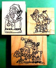 Christmas Santa Rubber Stamp Set, 3 pcs, Wood Mounted