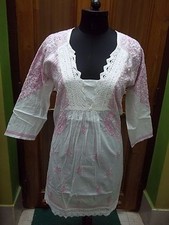 M XL ETHNIC 100 COTTON HANDMADE FINE CHIKAN EMBROIDERY TOP KURTA KURTI TUNIC