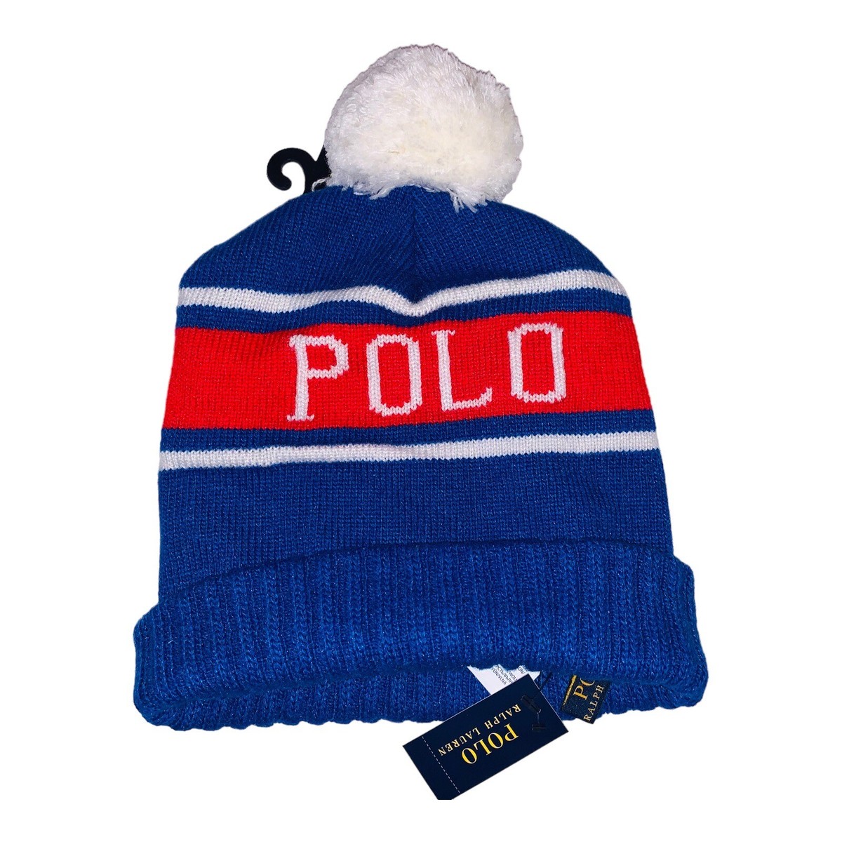 Ralph Lauren Polo Pom Beanie Cap Red White And Blue One Size