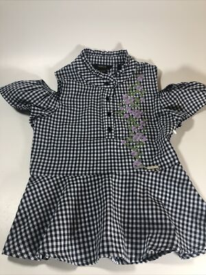 Guess Girls Cold Shoulder Blouse Top Size 7 Years Black Gingham Purple Flowers