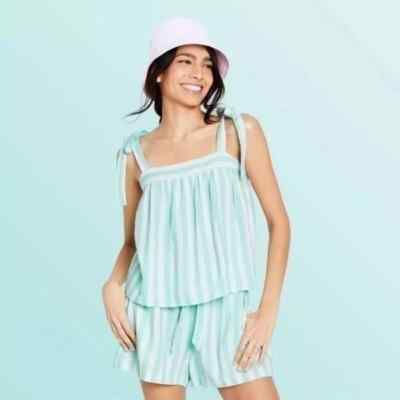 Stoney Clover NWT Linen Women's M Medium Green Striped Tie Strap Square Neck Top
