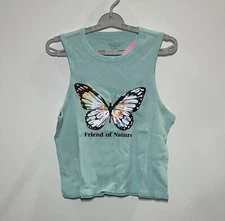 Mighty Fine Women's Plus Size Butterfly Ribbed Cropped Graphic Tank Top Blue-3X