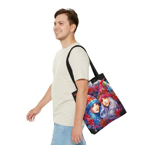 Christmas Beautiful ELF with FULL Moon and Flower Wreath Black Tote Shoulder Bag - Picture 4 of 9