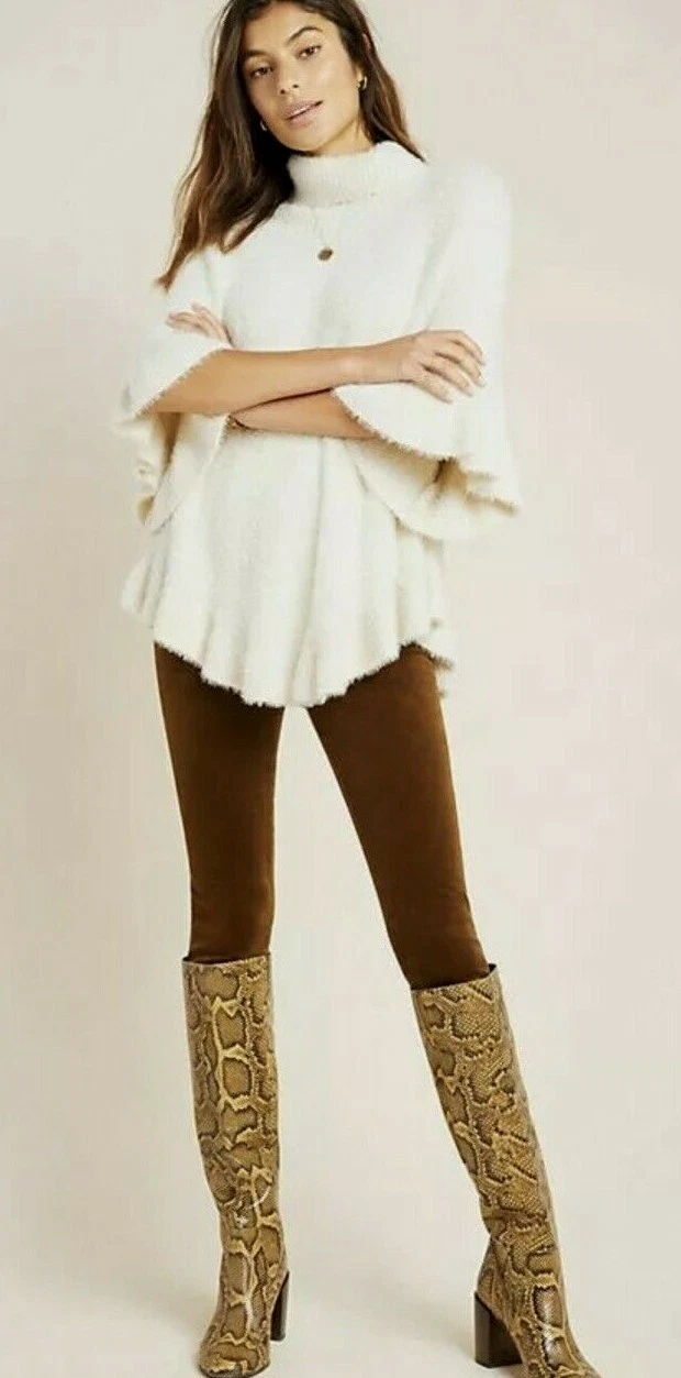 New $118 Anthropologie Falling Snow Ruffled Poncho O/S Sm Ivory Turtleneck Top