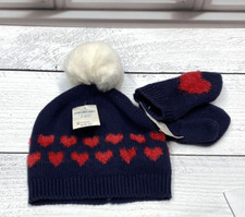NWT Gap Baby Heart Pom Pom Hat and Mitten Set Red Navy Blue Size 6-12 Months