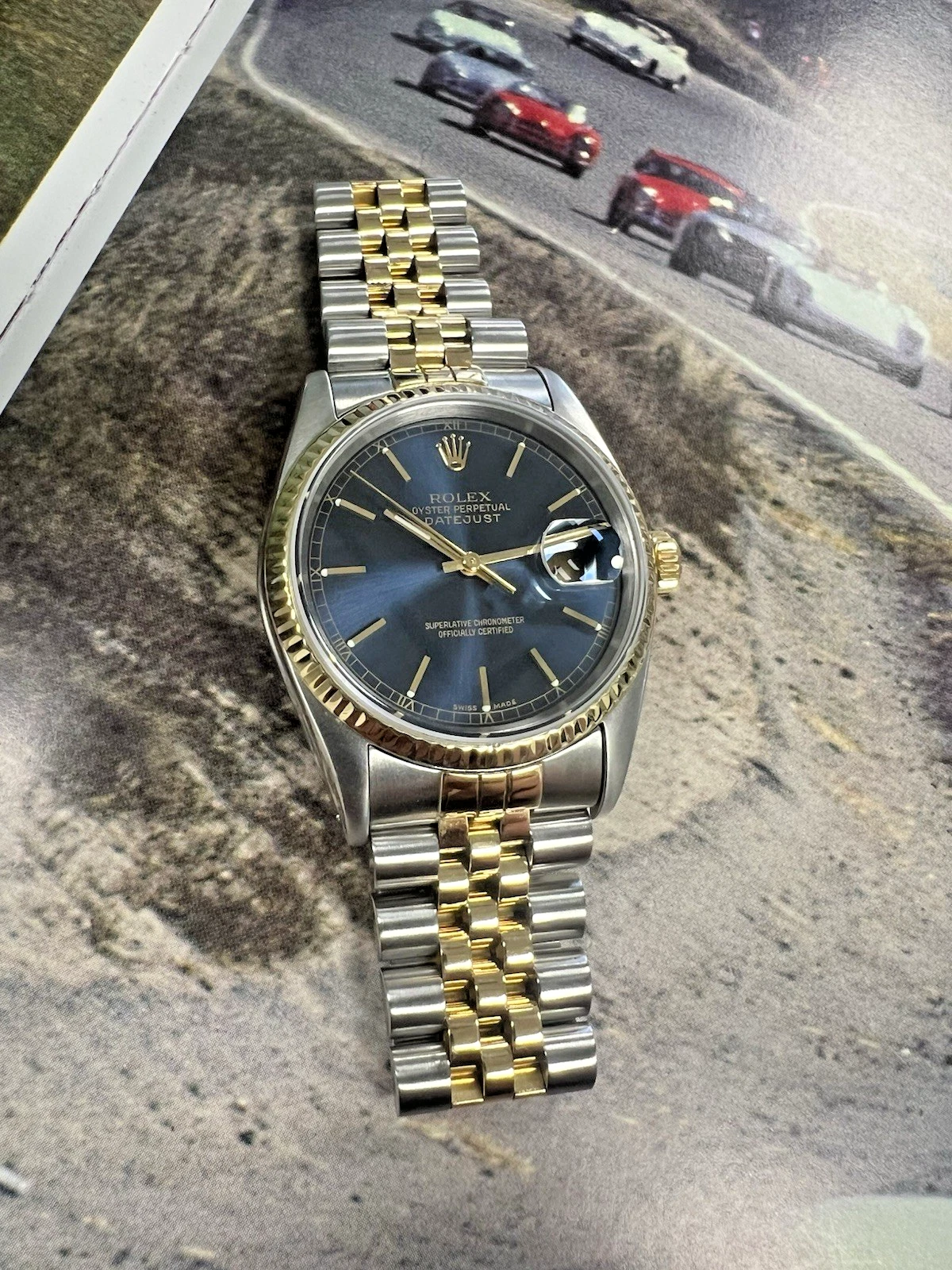 Mens Rolex Datejust Gold Stainless Steel Blue Dial  36mm Watch 16233