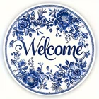 Blue and White Floral Welcome Tin Metal Sign Vintage Wall Art 8x8