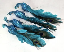 Pier 1 Peacock Ornaments Lot of 4 Blue Glitter Feather Christmas Tree Clip Set