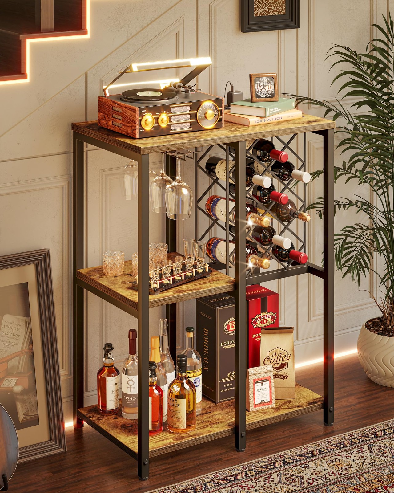 3-Tier Wine Rack Cabinet, Modern Liquor & Coffee Bar Cart with Shelves, Glass...