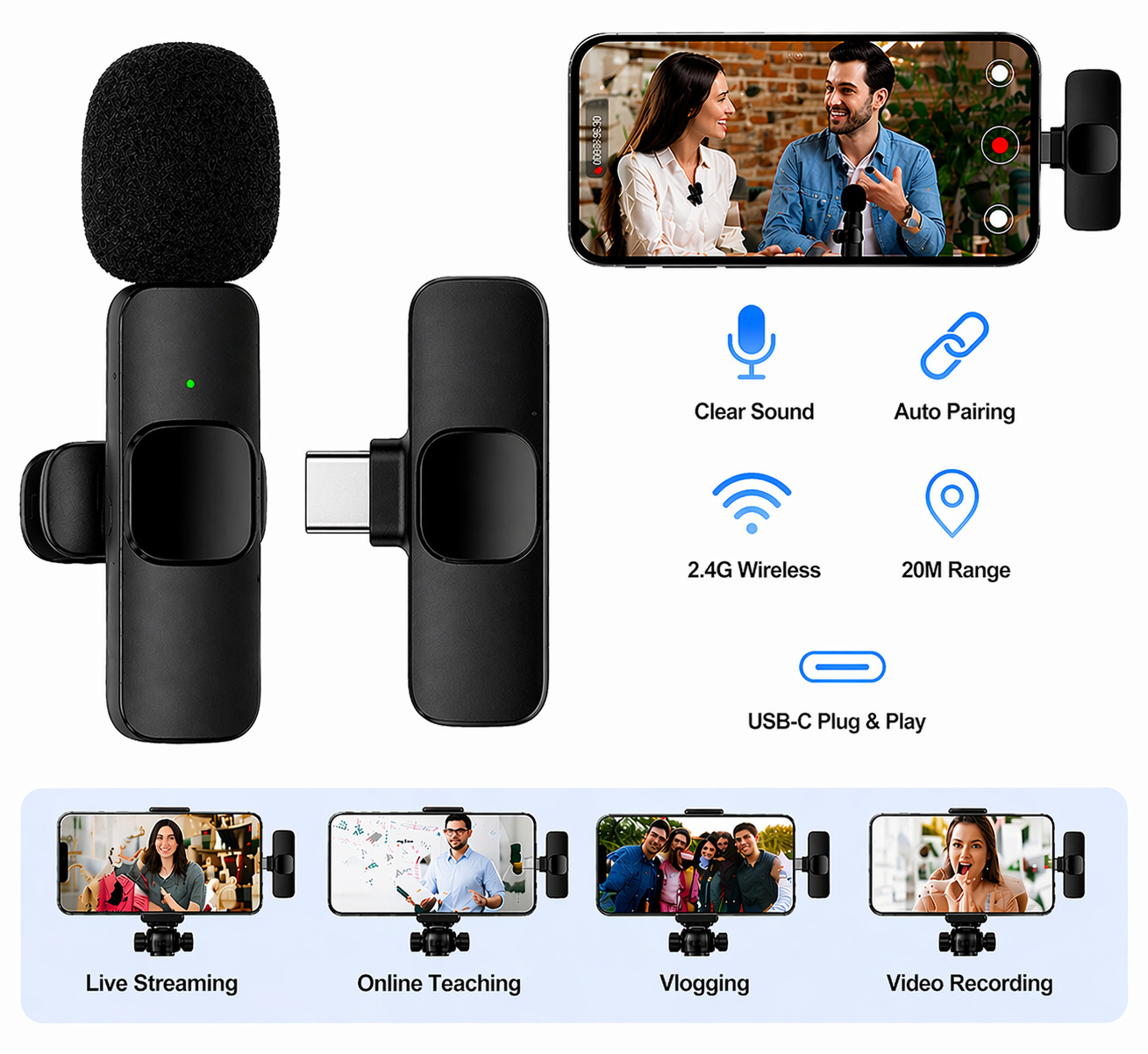 microphone, wireless, plug and play, for podcasts, vlogs, live streaming