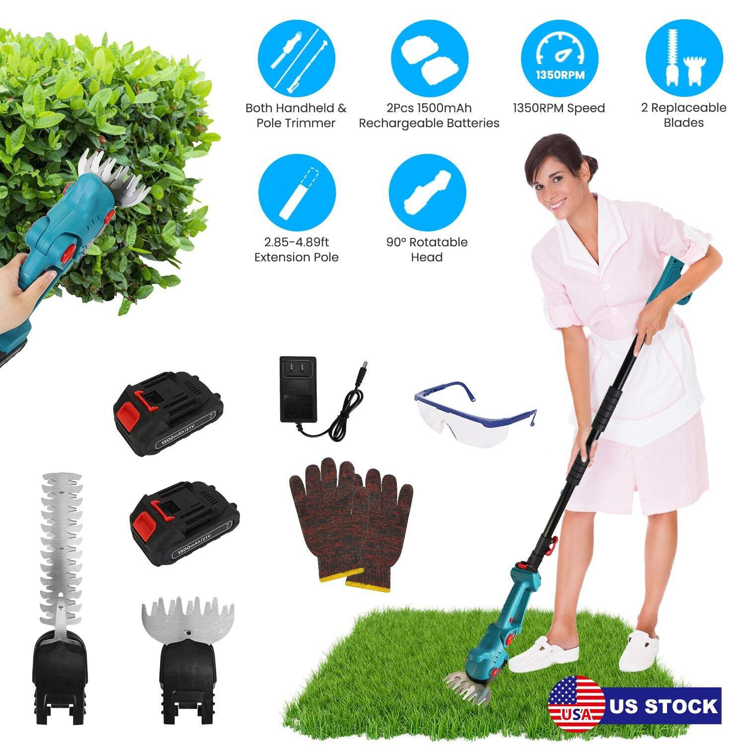 Pole Mini Hedge Trimmer & Grass Shear Electric Cordless Handheld Hedge Trimmer w