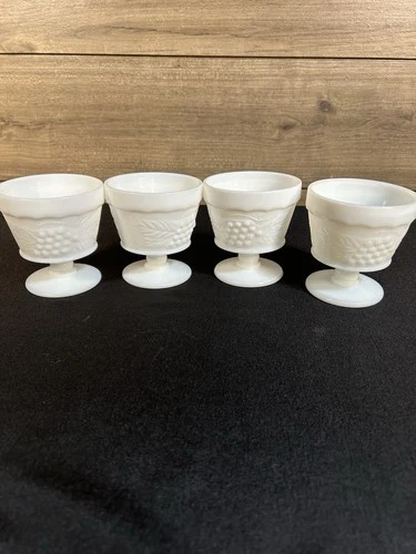 Vintage White Milk Glass Grape Cluster And Leaf, Footed Sherbet Cups Set Of 4
