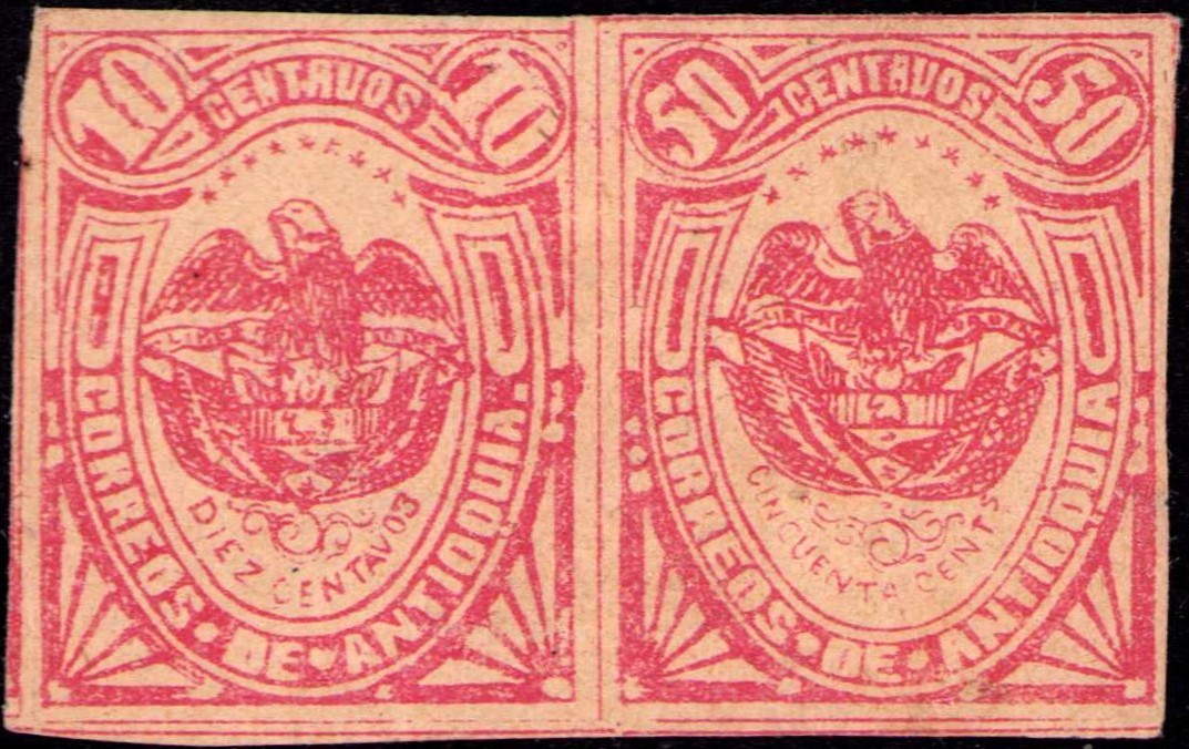 COLOMBIA - ANTIOQUIA - 1886 - 10c PAIR - 50c TRANFER ERROR - Sc 58a - $ 300+ RR
