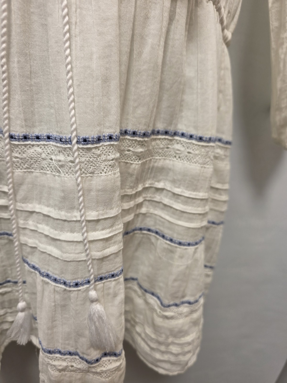 H&M White Blue Geometric Embroidered V-Neck Tassel Tie Dress UK 8 image 6