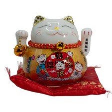 Ceramic Money Cat Moving Hand  - Gold on Cushion - Lucky Waving Chinese Cat