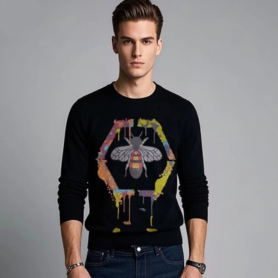 New Men Luxury Diamond Bee Rhinestones Fashion Knitted Black Sweater