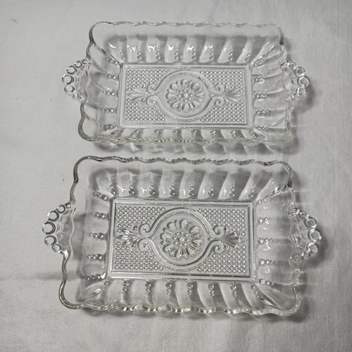 2 Vintage Anchor Hocking Rectangular Pressed Glass Relish Dish  1950s