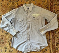 VNT Wrangler Mens Chambray Shirt Pearl Snap 16.5 X 36 LOGO Long Sleeve Preshrunk