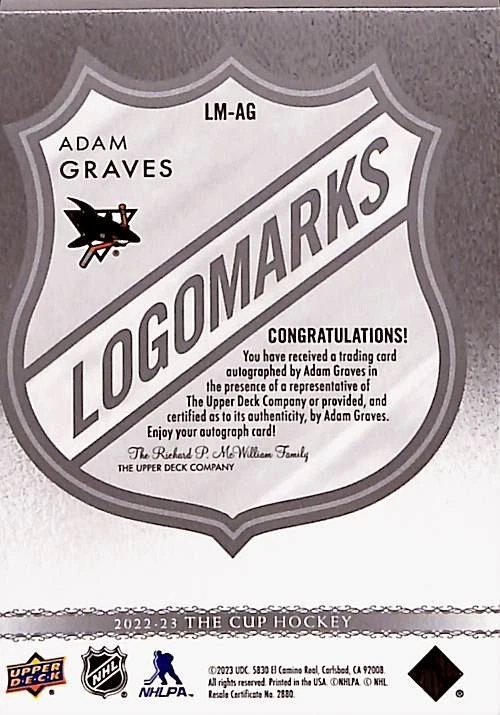 2022-23 Upper Deck The Cup LogoMarks Adam Graves Autograph San Jose Sharks - Image 2 of 4