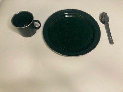 Vintage Enamelware Camping Set Cup, 10'' Plate plus Silverware Set Outdoors Cooks