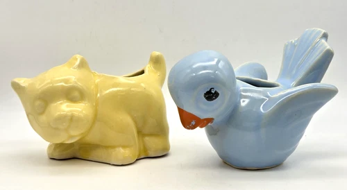 Vintage Shawnee Pottery Blue Bird Planter and Yellow Dog/Cat Planter USA