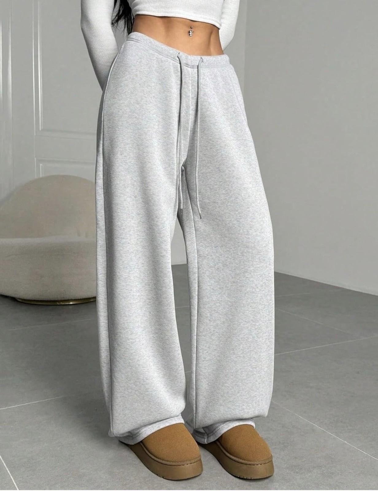 Women’s Fleece Wide Leg Sweatpants L Gray High Waisted Cozy Lounge Pants
