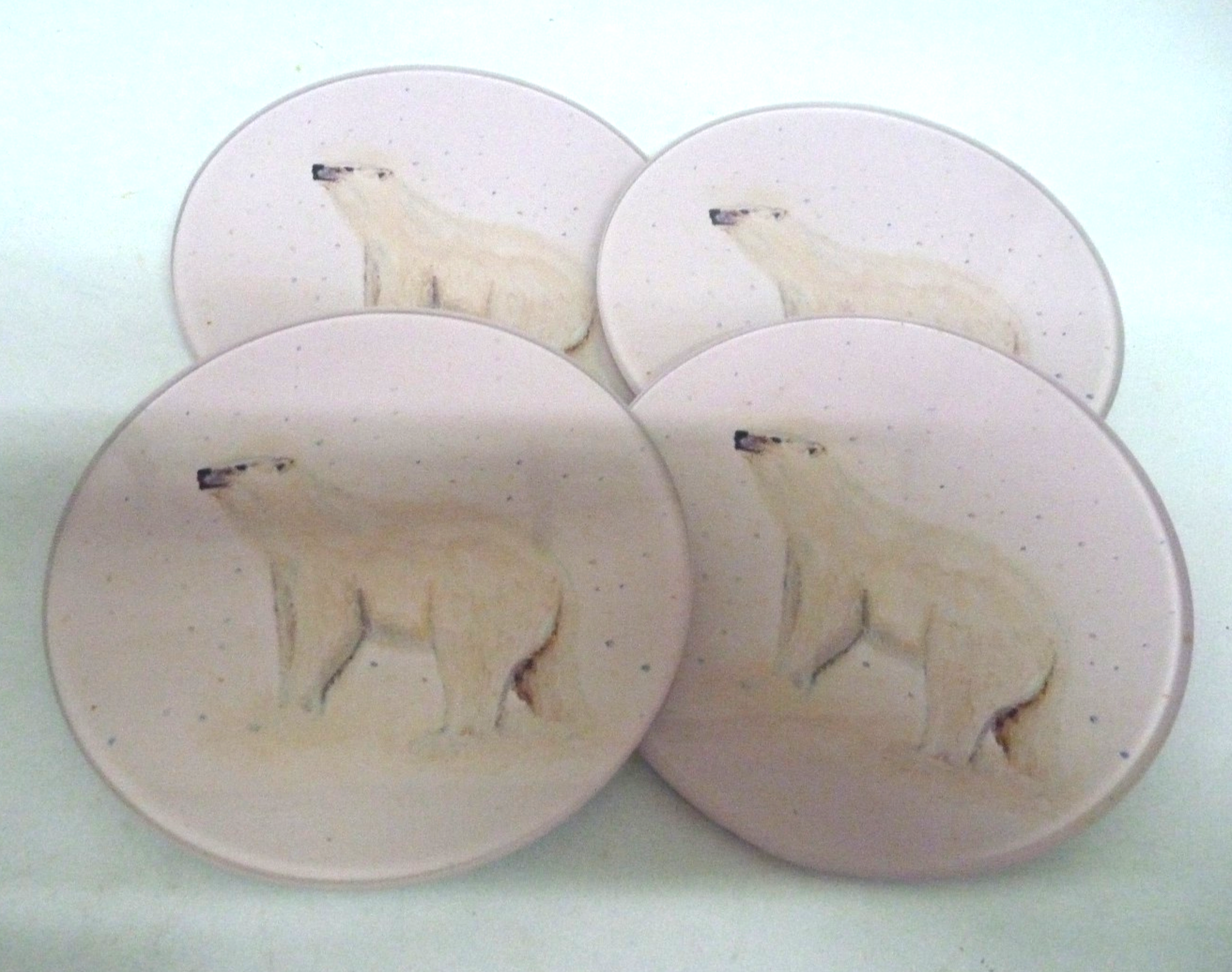 Polar Bear Glass Coasters Round Black Ginger Tea Coffee Set of 4 Kat Jackson New