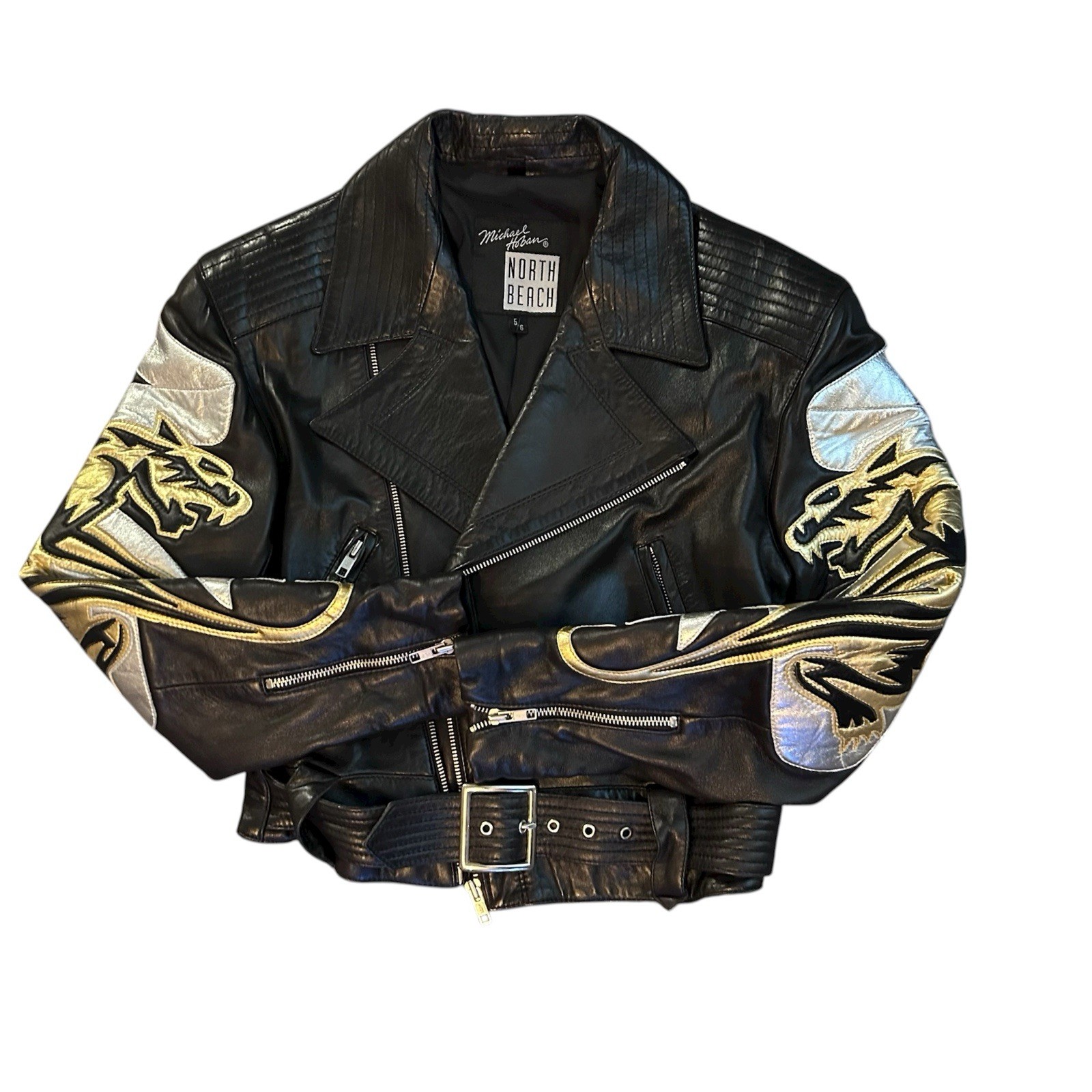 Vintage Michael Hoban North Beach Leather Moto Jacket - Rare Panther Gold Pop Art, Size 5/6