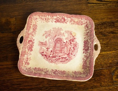 Vintage Mason's Crazed Ironstone Square Handled Cake Plate with Red ''Fountains'' 
