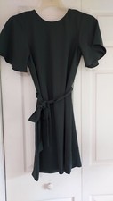 H&M Military Olive Green Shift Dress Flutter Short Sleeves Self Belt Size 2