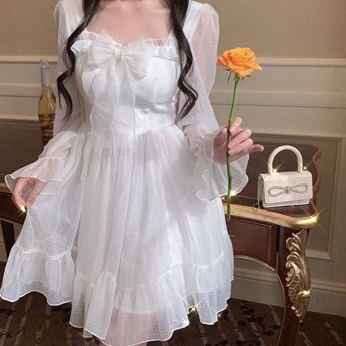 Damen Sweet Fee Lolita Kleid Damen Spitze Langarm Minikleid Vintage Kleid - Bild 1 von 12