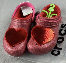 CROCS Classic Lined Pink Glitter Heart Clog Valentine's Day Sequin Sz Women s 9