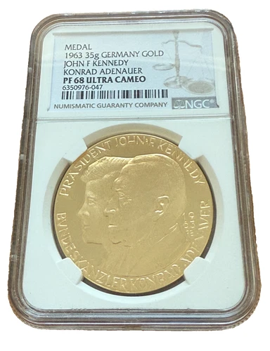 Germany 1963 Gold Medal 35 gram NGC PF68UC John Kennedy Konrad Adenauer