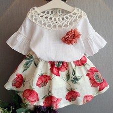 Girls Hollow Out Top Floral Printing Skirt Set Children Horn Sleeve Scoop Neck